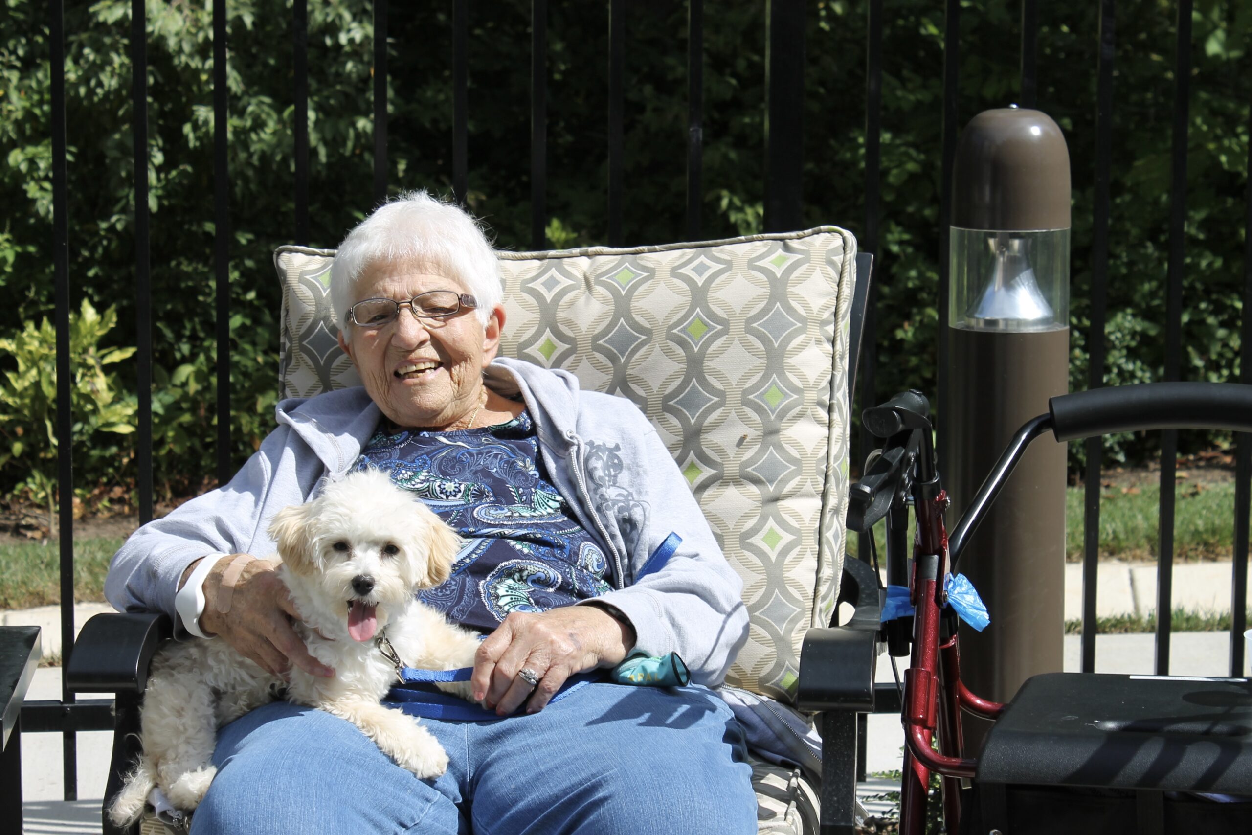 Elderly woman sitting outside with white dog on her lap.