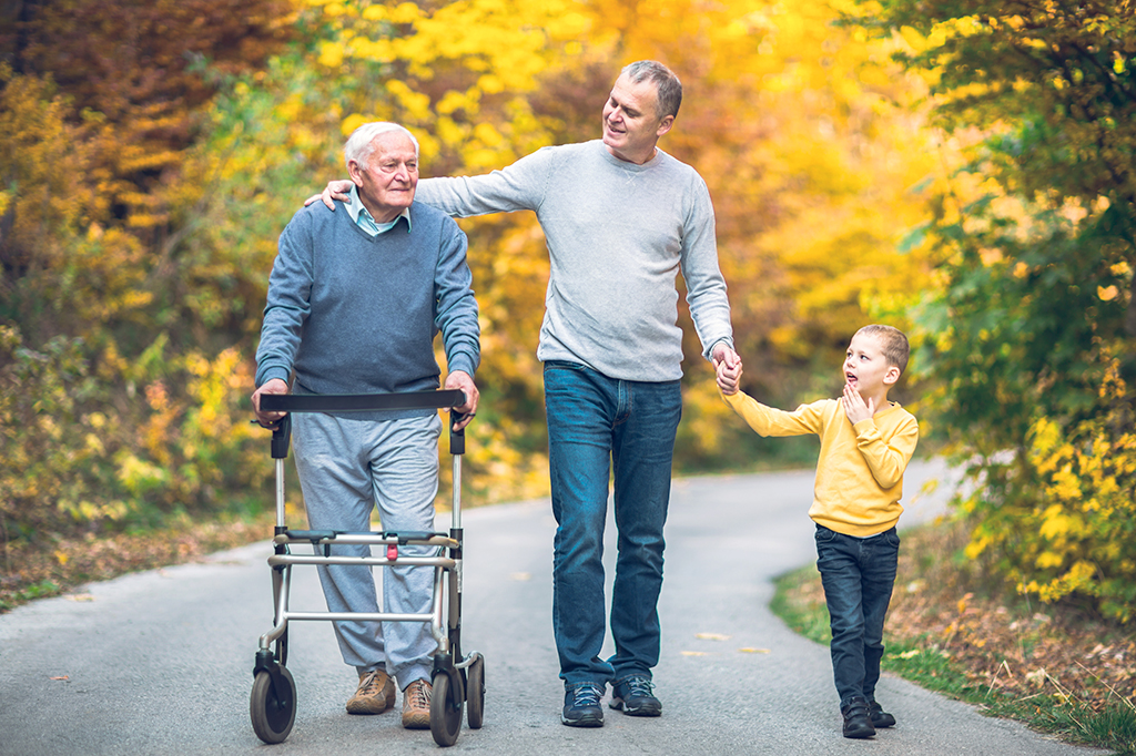 Elderly father adult son and grandson out for a walk in the park. Photo of elderly father adult son and grandson out for a walk in the park